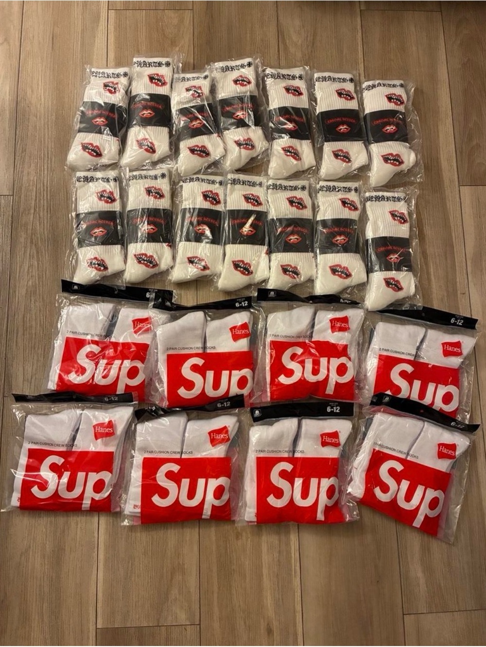Hanes White Crew Socks with Red & Black Lip Logo